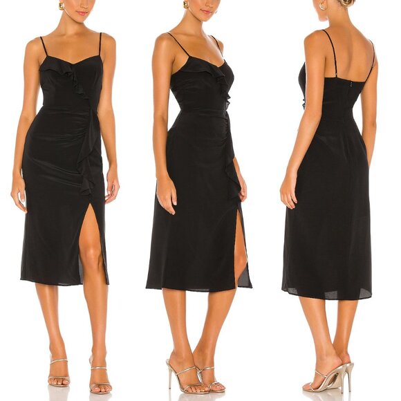 Parker 100% Silk Ellender Ruffle Slit Midi Dress Sz 6 Black Slip Asymmetric $378 - Picture 2 of 12